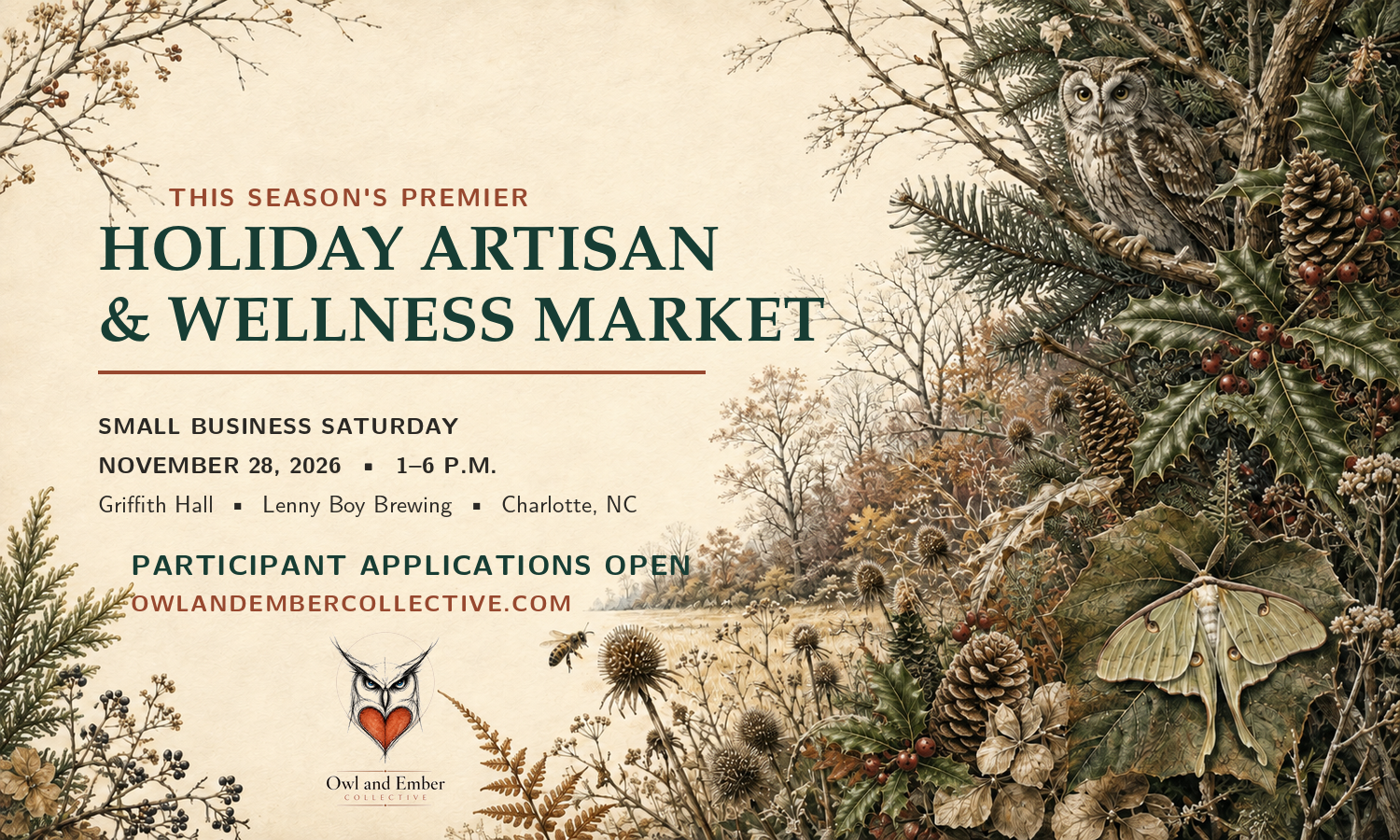This season's premier Holiday Artisan and Wellness Market, Small Business Saturday, November 28, 2026, from 1 to 6 p.m. at Griffith Hall at Lenny Boy Brewing in Charlotte. Participant applications are open.